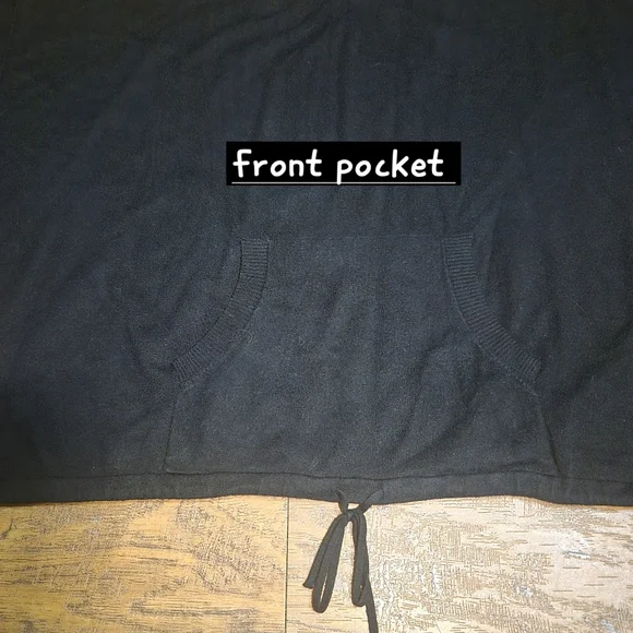 Black Knit Pull Over Sweater Drawstring Front Pocket 3/4 Sleeve Crew Neck Plus 3 - Picture 4 of 11